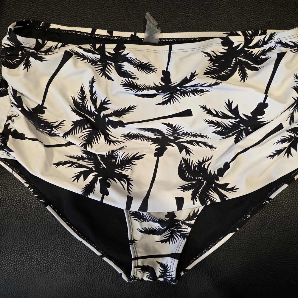 High-Waist Palm Print Bikini Bottoms - Black & White